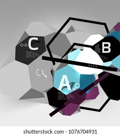 Composición geométrica hexagonal 3d, fondo abstracto digital geométrico. Plantilla de presentación técnica o empresarial con opciones de ejemplo. Ilustración del vector