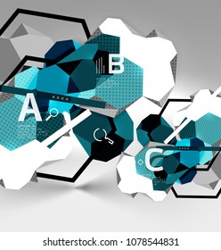 3d hexagon geometric composition, geometric digital abstract background. Techno or business presentation template with sample options. Vector illustration
