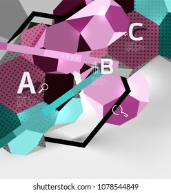 3d hexagon geometric composition, geometric digital abstract background. Techno or business presentation template with sample options. Vector illustration