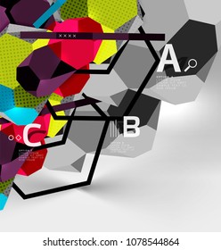 3d hexagon geometric composition, geometric digital abstract background. Techno or business presentation template with sample options. Vector illustration