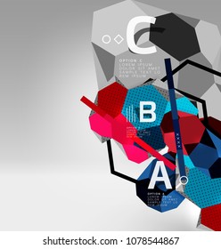 Composición geométrica hexagonal 3d, fondo abstracto digital geométrico. Plantilla de presentación técnica o empresarial con opciones de ejemplo. Ilustración del vector