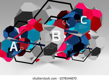 3d hexagon geometric composition, geometric digital abstract background. Techno or business presentation template with sample options. Vector illustration