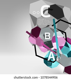 3d hexagon geometric composition, geometric digital abstract background. Techno or business presentation template with sample options. Vector illustration