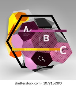 Composición geométrica hexagonal 3d, fondo abstracto digital geométrico. Plantilla de presentación técnica o empresarial con opciones de ejemplo. Ilustración del vector