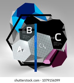 3d hexagon geometric composition, geometric digital abstract background. Techno or business presentation template with sample options. Vector illustration