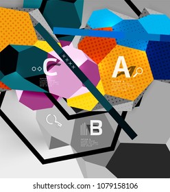 3d hexagon geometric composition, geometric digital abstract background. Techno or business presentation template with sample options. Vector illustration