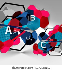Composición geométrica hexagonal 3d, fondo abstracto digital geométrico. Plantilla de presentación técnica o empresarial con opciones de ejemplo. Ilustración del vector