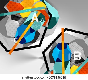 3d hexagon geometric composition, geometric digital abstract background. Techno or business presentation template with sample options. Vector illustration