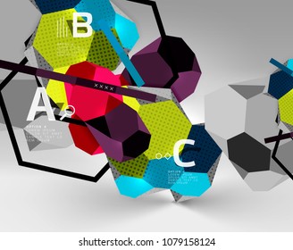 3D-hexagon-geometrische Zusammensetzung, geometrischer abstrakter digitaler Hintergrund. Vorlage für Techno- oder Geschäftspräsentation mit Beispieloptionen. Vektorgrafik