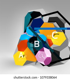 Composición geométrica hexagonal 3d, fondo abstracto digital geométrico. Plantilla de presentación técnica o empresarial con opciones de ejemplo. Ilustración del vector