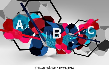 Composición geométrica hexagonal 3d, fondo abstracto digital geométrico. Plantilla de presentación técnica o empresarial con opciones de ejemplo. Ilustración del vector