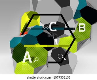 3d hexagon geometric composition, geometric digital abstract background. Techno or business presentation template with sample options. Vector illustration