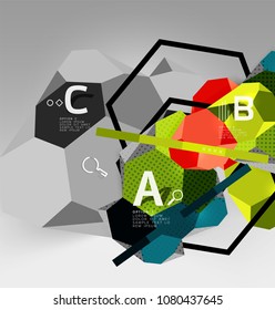 3d hexagon geometric composition, geometric digital abstract background. Techno or business presentation template with sample options. Vector illustration