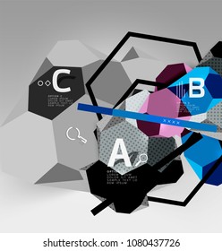 3d hexagon geometric composition, geometric digital abstract background. Techno or business presentation template with sample options. Vector illustration