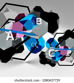 3d hexagon geometric composition, geometric digital abstract background. Techno or business presentation template with sample options. Vector illustration