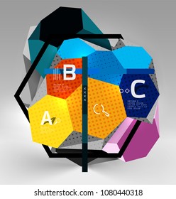Composición geométrica hexagonal 3d, fondo abstracto digital geométrico. Plantilla de presentación técnica o empresarial con opciones de ejemplo. Ilustración del vector