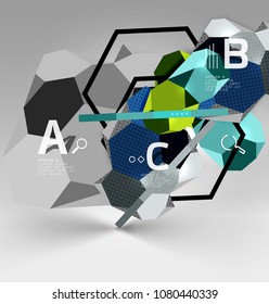 3d hexagon geometric composition, geometric digital abstract background. Techno or business presentation template with sample options. Vector illustration