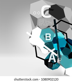 3d hexagon geometric composition, geometric digital abstract background. Techno or business presentation template with sample options. Vector illustration