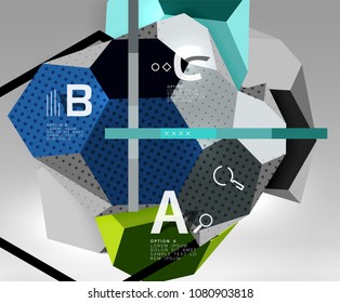 3d hexagon geometric composition, geometric digital abstract background. Techno or business presentation template with sample options. Vector illustration