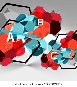 3D-hexagon-geometrische Zusammensetzung, geometrischer abstrakter digitaler Hintergrund. Vorlage für Techno- oder Geschäftspräsentation mit Beispieloptionen. Vektorgrafik