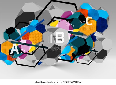 3d hexagon geometric composition, geometric digital abstract background. Techno or business presentation template with sample options. Vector illustration