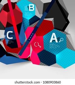 3d hexagon geometric composition, geometric digital abstract background. Techno or business presentation template with sample options. Vector illustration