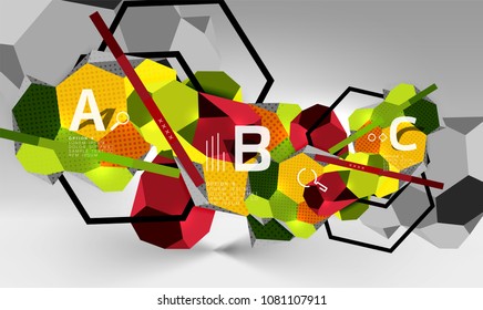 3d hexagon geometric composition, geometric digital abstract background. Techno or business presentation template with sample options. Vector illustration