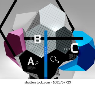 3d hexagon geometric composition, geometric digital abstract background. Techno or business presentation template with sample options. Vector illustration