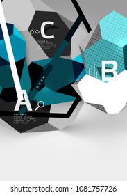 3d hexagon geometric composition, geometric digital abstract background. Techno or business presentation template with sample options. Vector illustration