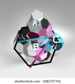 3d hexagon geometric composition, geometric digital abstract background. Techno or business presentation template with sample options. Vector illustration