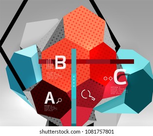 Composición geométrica hexagonal 3d, fondo abstracto digital geométrico. Plantilla de presentación técnica o empresarial con opciones de ejemplo. Ilustración del vector