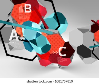 Composición geométrica hexagonal 3d, fondo abstracto digital geométrico. Plantilla de presentación técnica o empresarial con opciones de ejemplo. Ilustración del vector
