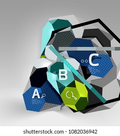 3d hexagon geometric composition, geometric digital abstract background. Techno or business presentation template with sample options. Vector illustration