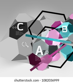 3d hexagon geometric composition, geometric digital abstract background. Techno or business presentation template with sample options. Vector illustration