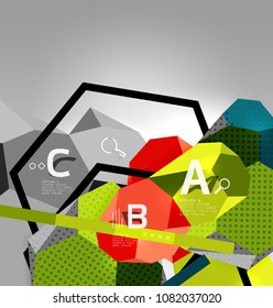 3D-hexagon-geometrische Zusammensetzung, geometrischer abstrakter digitaler Hintergrund. Vorlage für Techno- oder Geschäftspräsentation mit Beispieloptionen. Vektorgrafik