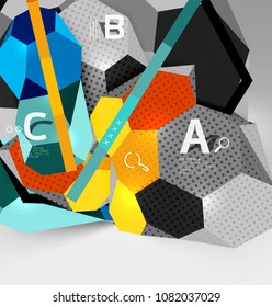 3d hexagon geometric composition, geometric digital abstract background. Techno or business presentation template with sample options. Vector illustration