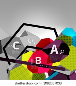 3d hexagon geometric composition, geometric digital abstract background. Techno or business presentation template with sample options. Vector illustration