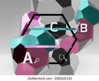 Composición geométrica hexagonal 3d, fondo abstracto digital geométrico. Plantilla de presentación técnica o empresarial con opciones de ejemplo. Ilustración del vector