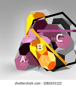 3d hexagon geometric composition, geometric digital abstract background. Techno or business presentation template with sample options. Vector illustration