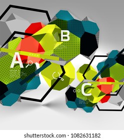 3d hexagon geometric composition, geometric digital abstract background. Techno or business presentation template with sample options. Vector illustration