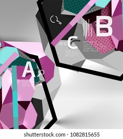 3d hexagon geometric composition, geometric digital abstract background. Techno or business presentation template with sample options. Vector illustration