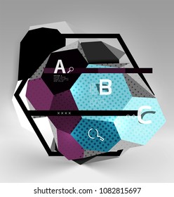 3d hexagon geometric composition, geometric digital abstract background. Techno or business presentation template with sample options. Vector illustration