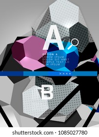 3d hexagon geometric composition, geometric digital abstract background. Techno or business presentation template with sample options. Vector illustration