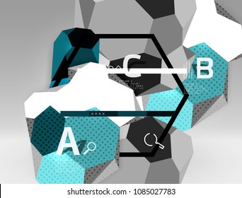 Composición geométrica hexagonal 3d, fondo abstracto digital geométrico. Plantilla de presentación técnica o empresarial con opciones de ejemplo. Ilustración del vector