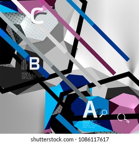 3d hexagon geometric composition, geometric digital abstract background. Techno or business presentation template with sample options. Vector illustration