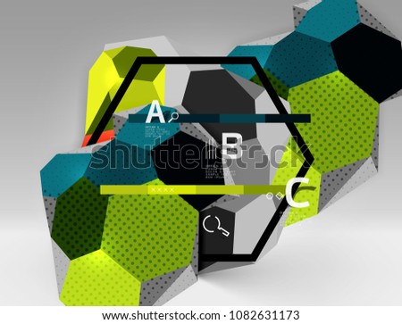 3d hexagon geometric composition, geometric digital abstract background. Techno or business presentation template with sample options. Vector illustration