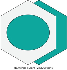 3D Hexagon with Teal Center.A hexagonal geometric icon featuring a teal oval and a drop shadow for depth.