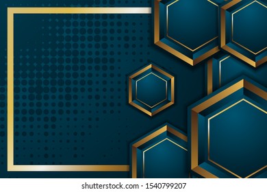 3d hexagon template. Futuristic digital technology concept. Vector abstract graphic design. Vector vintage retro illustration. gradient gold frame. dot pattern. blue background