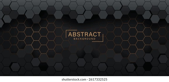 3d hexagonal abstract metal black background with neon light. dark banner template for web and wallpaper