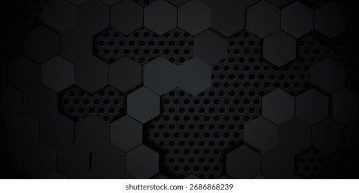 Fondo negro de metal abstracto hexagonal 3D con luz de neón. Plantilla de Anuncio oscuro para Web y Fondo de pantalla. Eps10